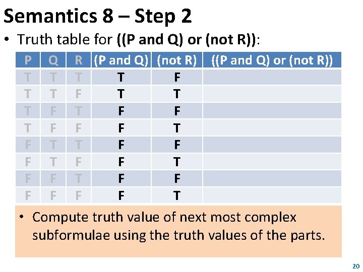 Semantics 8 – Step 2 • Truth table for ((P and Q) or (not Semantics 8 – Step 2 • Truth table for ((P and Q) or (not