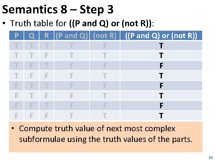 Semantics 8 – Step 3 • Truth table for ((P and Q) or (not Semantics 8 – Step 3 • Truth table for ((P and Q) or (not
