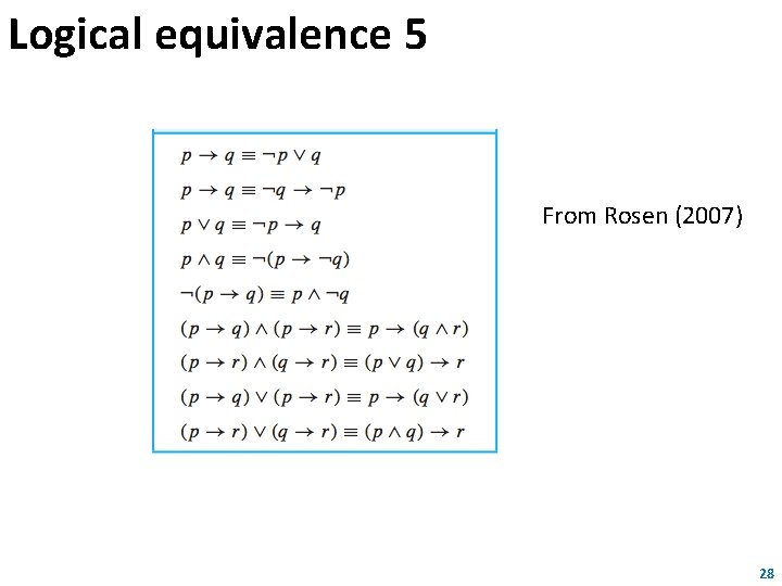 Logical equivalence 5 From Rosen (2007) 28 Logical equivalence 5 From Rosen (2007) 28