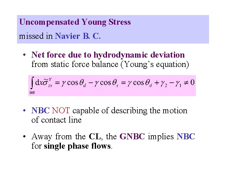 Uncompensated Young Stress missed in Navier B. C. • Net force due to hydrodynamic