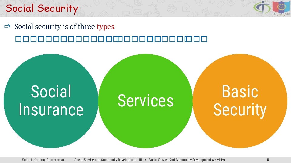 Social Security Social security is of three types. ������� ��� Social Insurance Sub. Lt.