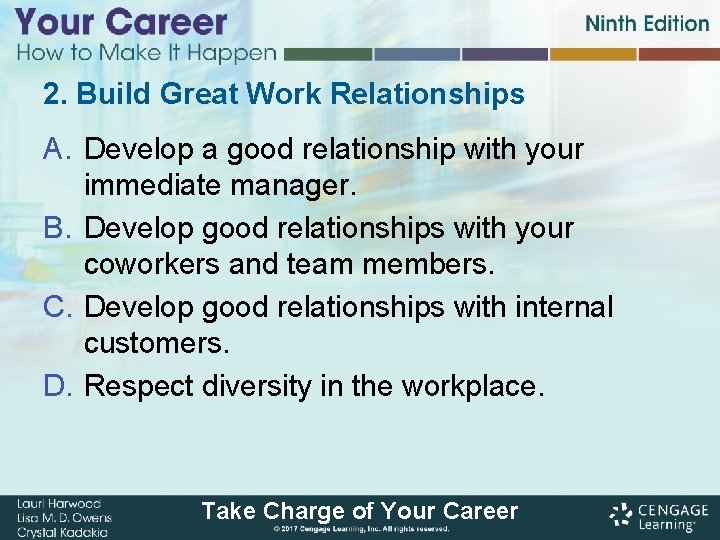 2. Build Great Work Relationships A. Develop a good relationship with your immediate manager.