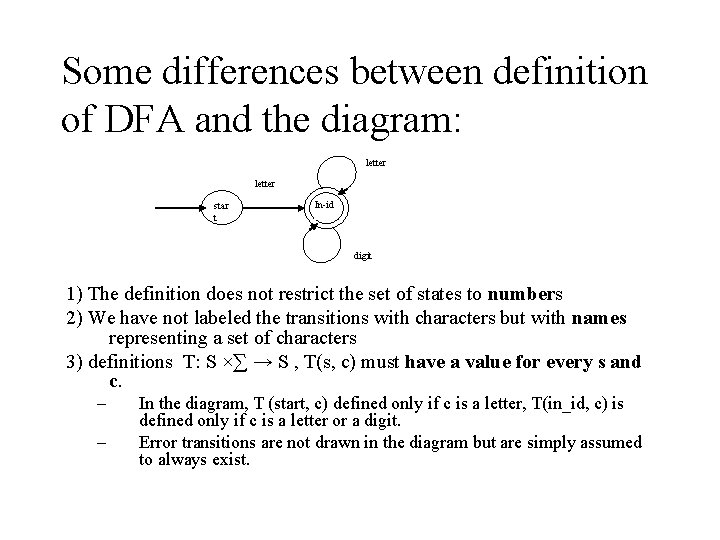 Some differences between definition of DFA and the diagram: letter star t In id
