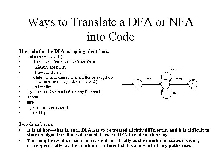 Ways to Translate a DFA or NFA into Code The code for the DFA