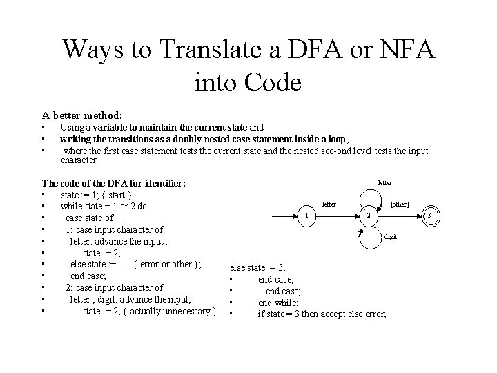 Ways to Translate a DFA or NFA into Code A better method: • •