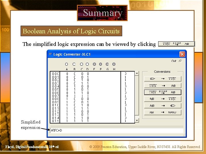 Summary Boolean Analysis of Logic Circuits The simplified logic expression can be viewed by