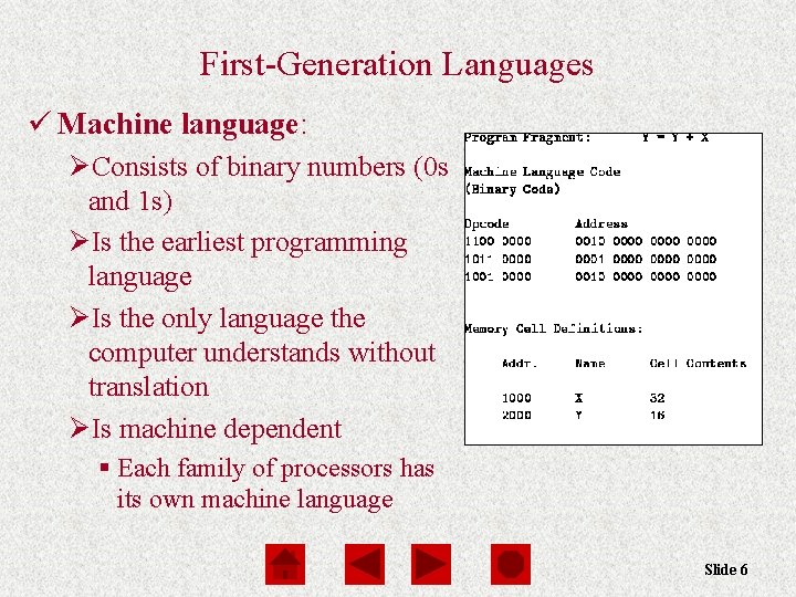 First-Generation Languages ü Machine language: ØConsists of binary numbers (0 s and 1 s)