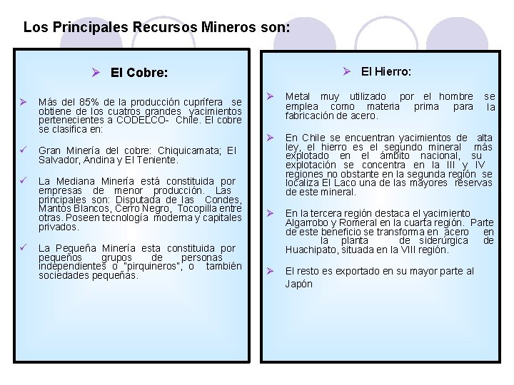 Los Principales Recursos Mineros son: El Hierro: El Cobre: Más del 85% de la