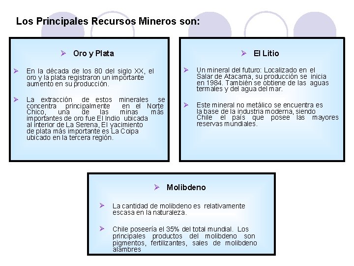 Los Principales Recursos Mineros son: Oro y Plata El Litio En la década de