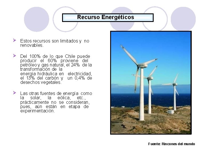 Recurso Energéticos Estos recursos son limitados y no renovables. Del 100% de lo que