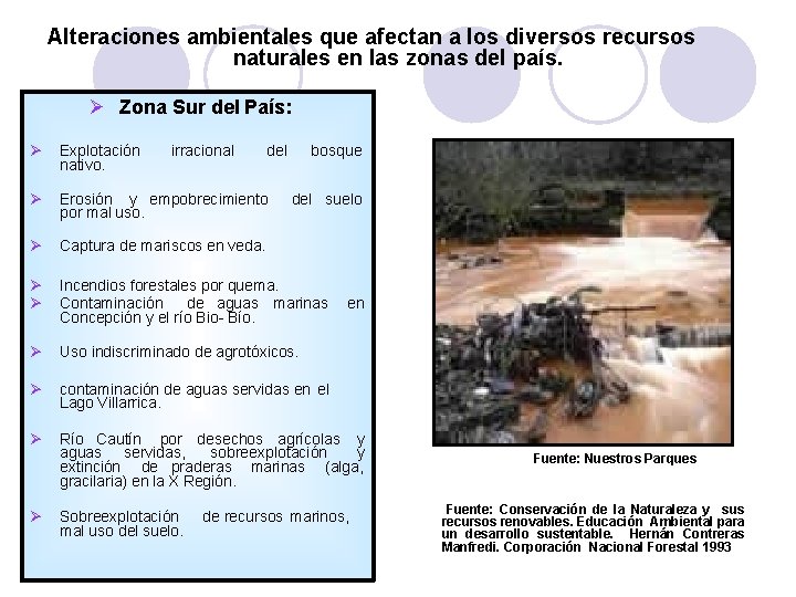 Alteraciones ambientales que afectan a los diversos recursos naturales en las zonas del país.