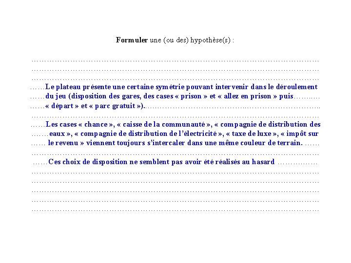 Formuler une (ou des) hypothèse(s) : ………………………………………………………………………………………………… ……Le plateau présente une certaine symétrie pouvant