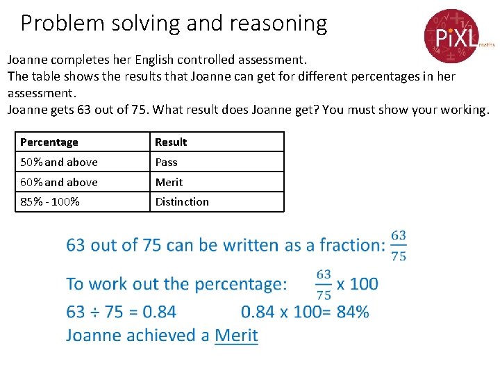 Problem solving and reasoning Joanne completes her English controlled assessment. The table shows the