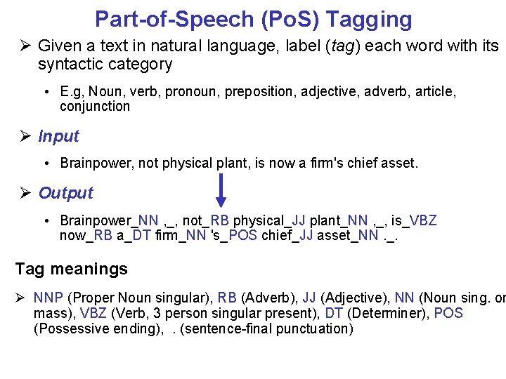 Part-of-Speech (Po. S) Tagging Given a text in natural language, label (tag) each word