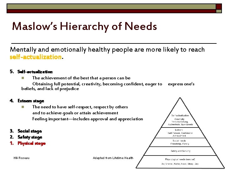 Maslow’s Hierarchy of Needs Mentally and emotionally healthy people are more likely to reach