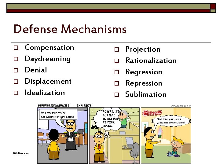 Defense Mechanisms o o o Compensation Daydreaming Denial Displacement Idealization Ifill-Roseau o o o