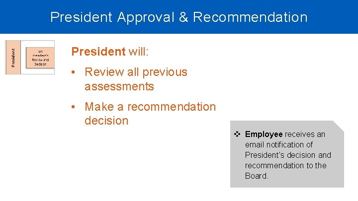 President Approval & Recommendation President will: • Review all previous assessments • Make a
