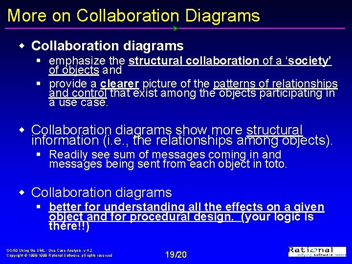 More on Collaboration Diagrams w Collaboration diagrams § emphasize the structural collaboration of a