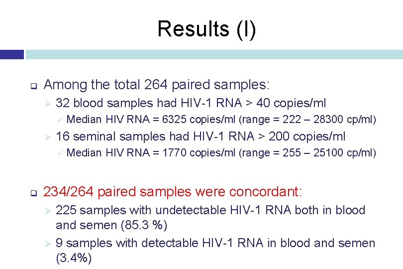 Results (I) q Among the total 264 paired samples: Ø 32 blood samples had