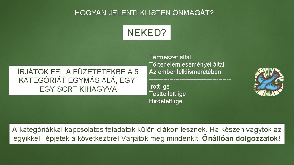 HOGYAN JELENTI KI ISTEN ÖNMAGÁT? NEKED? ÍRJÁTOK FEL A FÜZETETEKBE A 6 KATEGÓRIÁT EGYMÁS