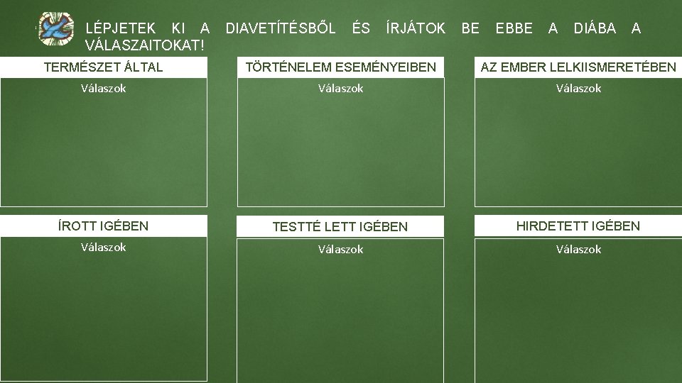 LÉPJETEK KI A DIAVETÍTÉSBŐL ÉS ÍRJÁTOK BE EBBE A DIÁBA A VÁLASZAITOKAT! TERMÉSZET ÁLTAL