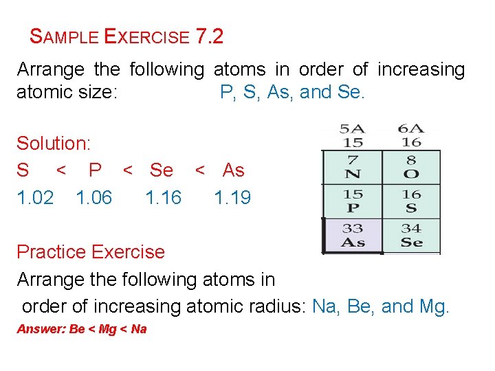 SAMPLE EXERCISE 7. 2 Arrange the following atoms in order of increasing atomic size: