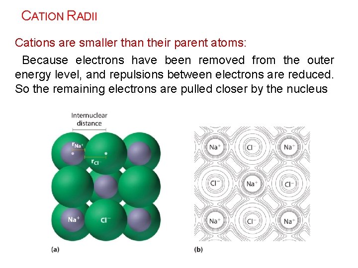 CATION RADII Cations are smaller than their parent atoms: Because electrons have been removed