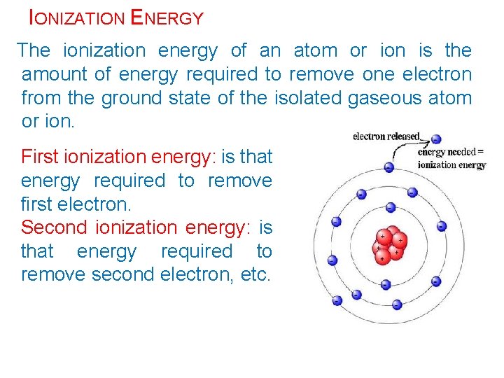 IONIZATION ENERGY The ionization energy of an atom or ion is the amount of