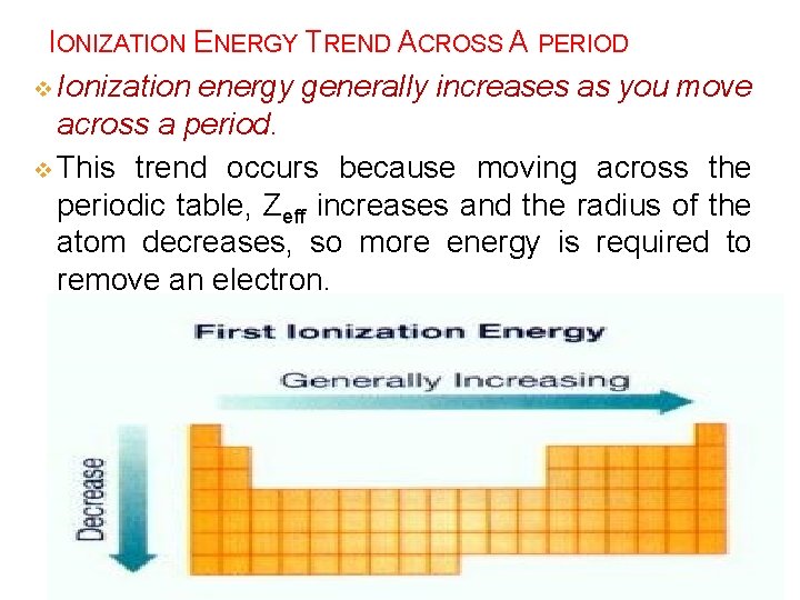 IONIZATION ENERGY TREND ACROSS A PERIOD v Ionization energy generally increases as you move