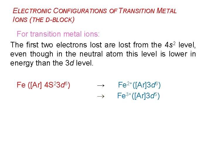 ELECTRONIC CONFIGURATIONS OF TRANSITION METAL IONS (THE D-BLOCK) For transition metal ions: The first