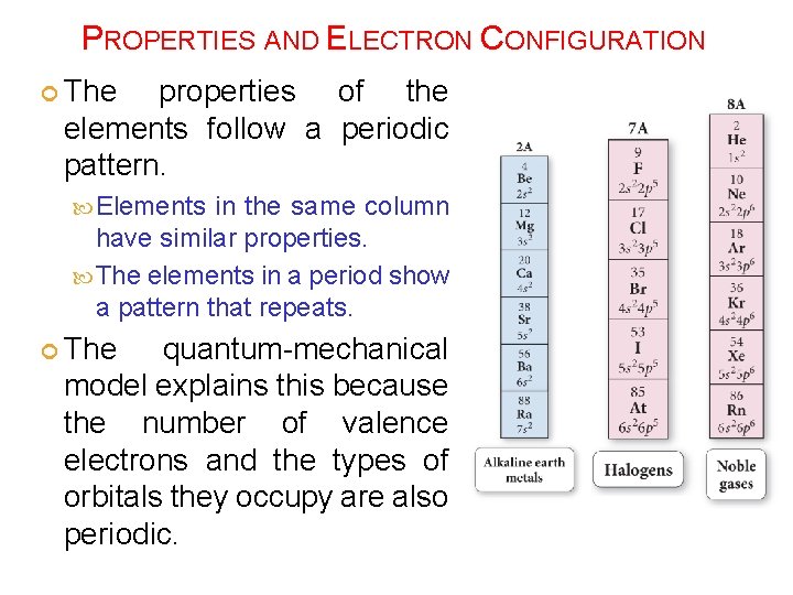 PROPERTIES AND ELECTRON CONFIGURATION The properties of the elements follow a periodic pattern. Elements