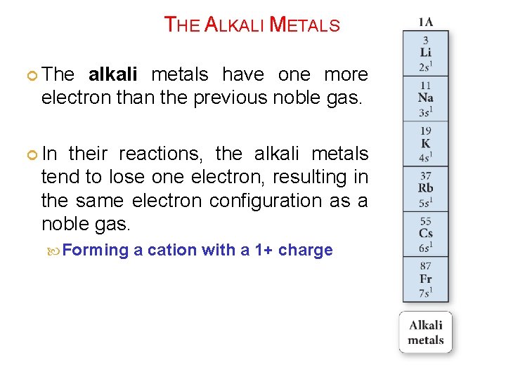 THE ALKALI METALS The alkali metals have one more electron than the previous noble