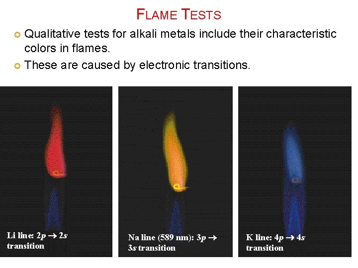 FLAME TESTS Qualitative tests for alkali metals include their characteristic colors in flames. These