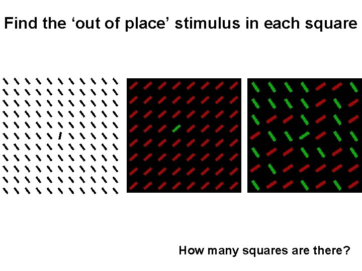 Find the ‘out of place’ stimulus in each square How many squares are there? Find the ‘out of place’ stimulus in each square How many squares are there?
