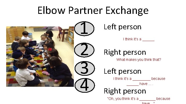 Elbow Partner Exchange 1 2 3 4 Left person I think it’s a ______