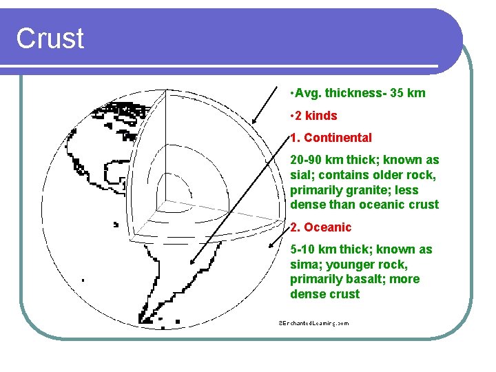 Crust • Avg. thickness- 35 km • 2 kinds 1. Continental 20 -90 km