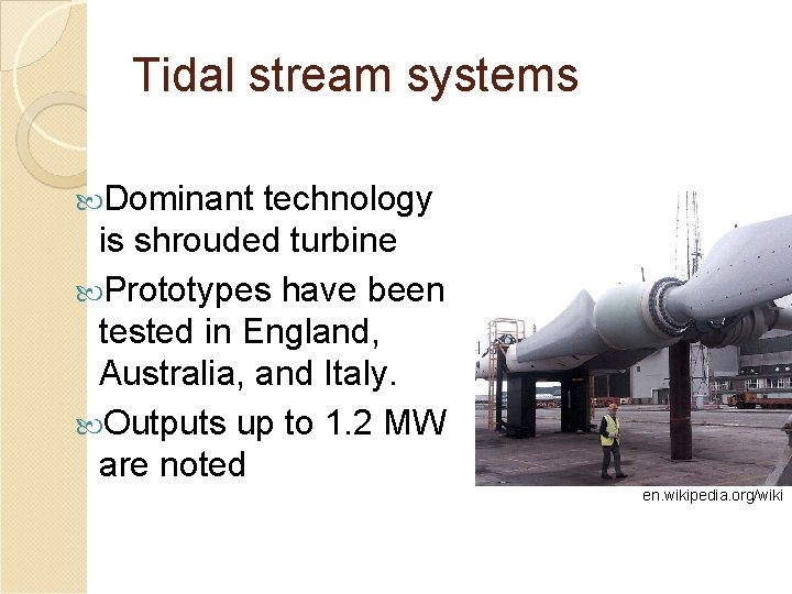 Tidal stream systems Dominant technology is shrouded turbine Prototypes have been tested in England,