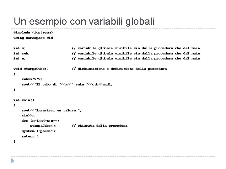 Un esempio con variabili globali #include <iostream> using namespace std; int x; // variabile