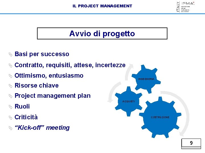 IL PROJECT MANAGEMENT Avvio di progetto Ä Basi per successo Ä Contratto, requisiti, attese,