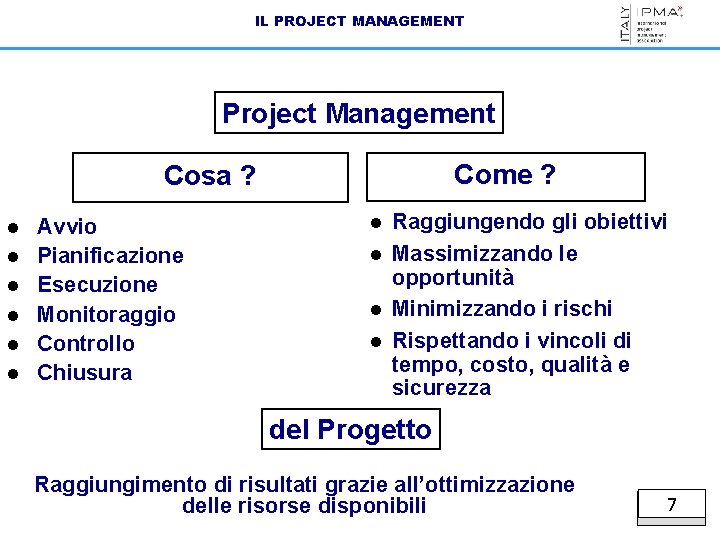 IL PROJECT MANAGEMENT Project Management Come ? Cosa ? l l l Avvio Pianificazione