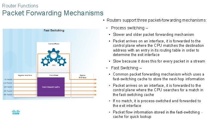 Router Functions Packet Forwarding Mechanisms § Routers support three packet-forwarding mechanisms: • Process switching