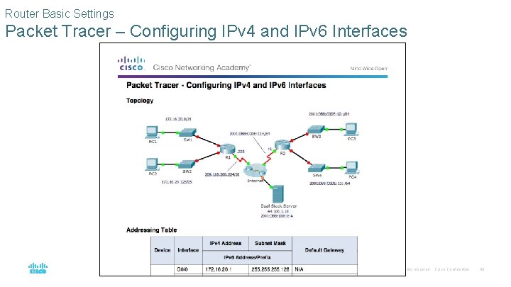 Router Basic Settings Packet Tracer – Configuring IPv 4 and IPv 6 Interfaces ©