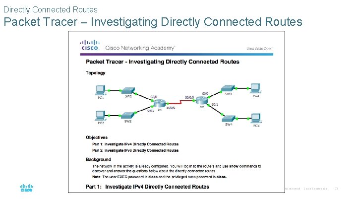 Directly Connected Routes Packet Tracer – Investigating Directly Connected Routes © 2016 Cisco and/or