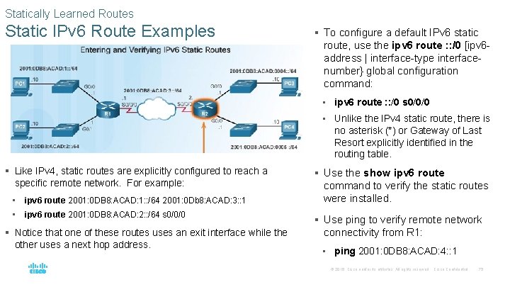 Statically Learned Routes Static IPv 6 Route Examples § To configure a default IPv