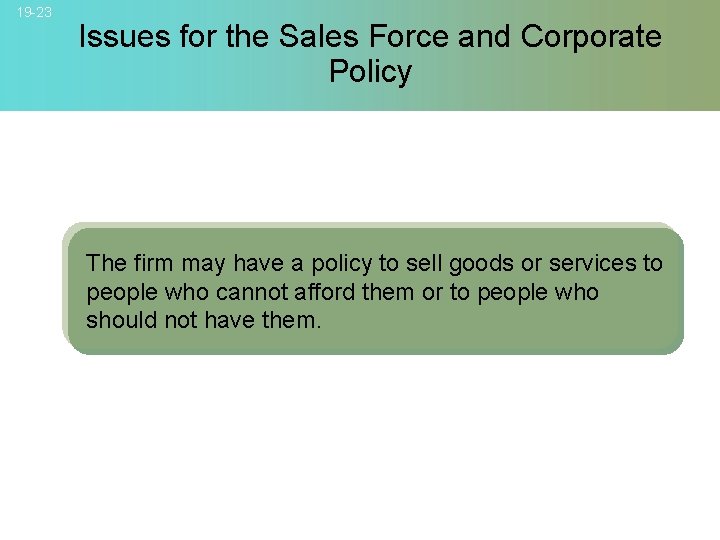 19 -23 Issues for the Sales Force and Corporate Policy The firm may have