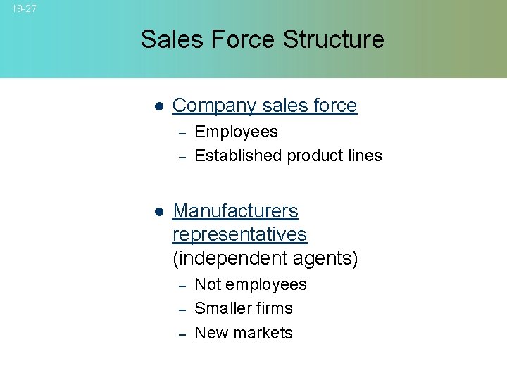 19 -27 Sales Force Structure l Company sales force – – l Employees Established