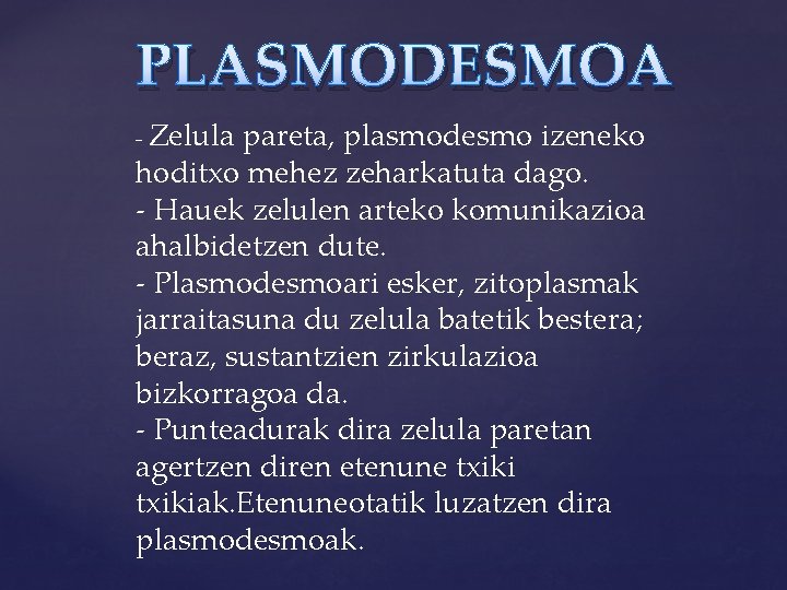 PLASMODESMOA - Zelula pareta, plasmodesmo izeneko hoditxo mehez zeharkatuta dago. - Hauek zelulen arteko