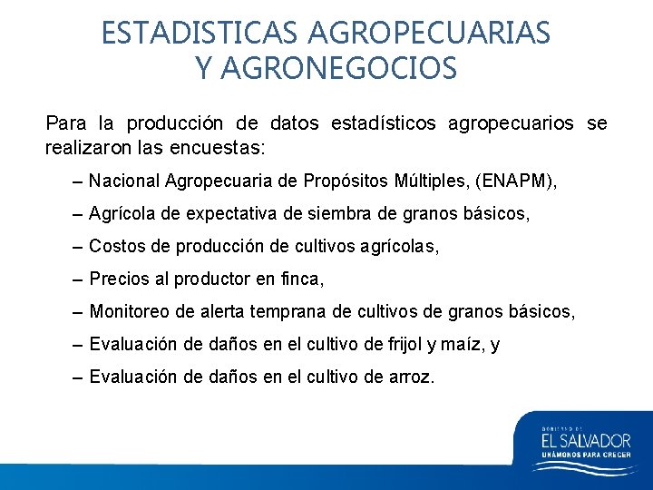 ESTADISTICAS AGROPECUARIAS Y AGRONEGOCIOS Para la producción de datos estadísticos agropecuarios se realizaron las