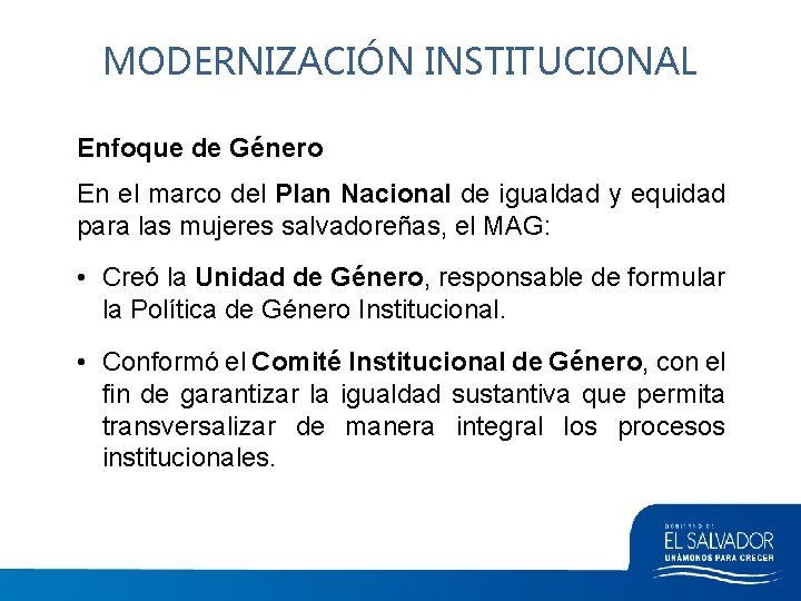 MODERNIZACIÓN INSTITUCIONAL Enfoque de Género En el marco del Plan Nacional de igualdad y