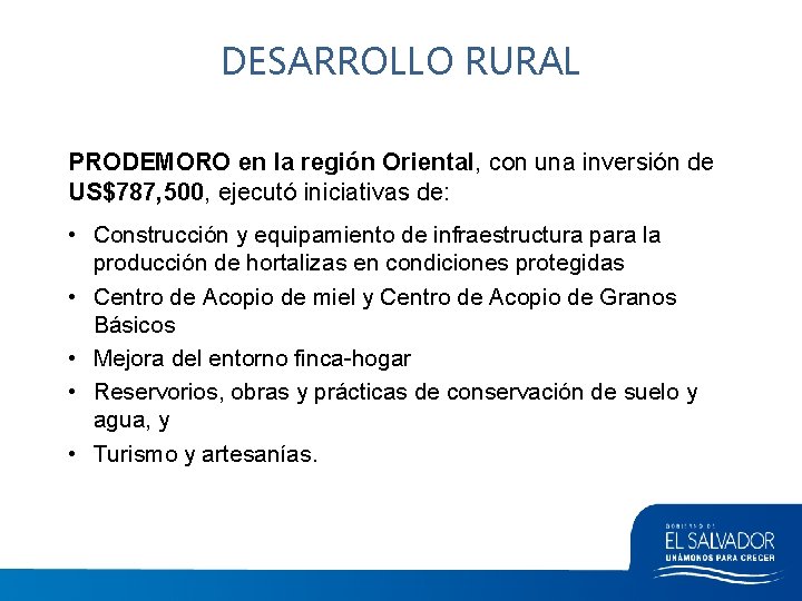 DESARROLLO RURAL PRODEMORO en la región Oriental, con una inversión de US$787, 500, ejecutó